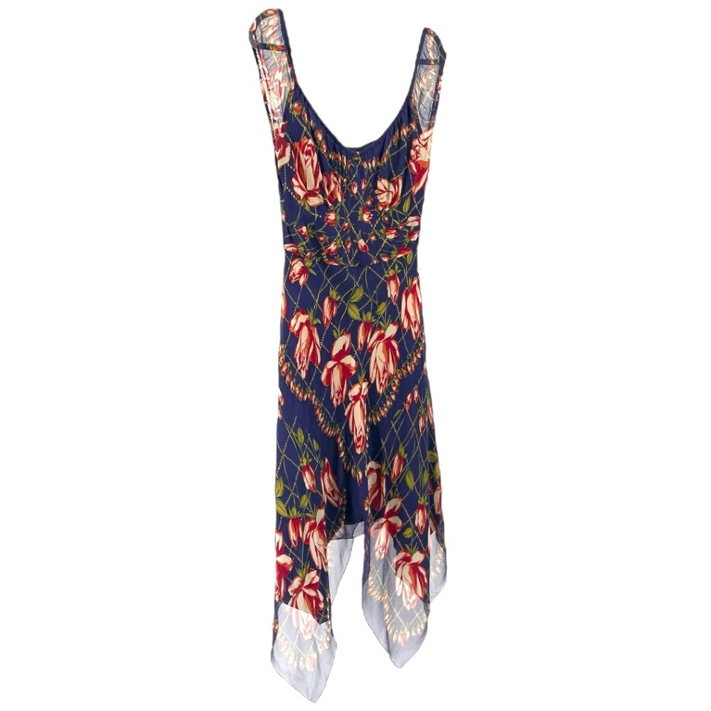 Anna Sui Navy Floral Handkerchief Hem Midi Dress with Red & Green Accents